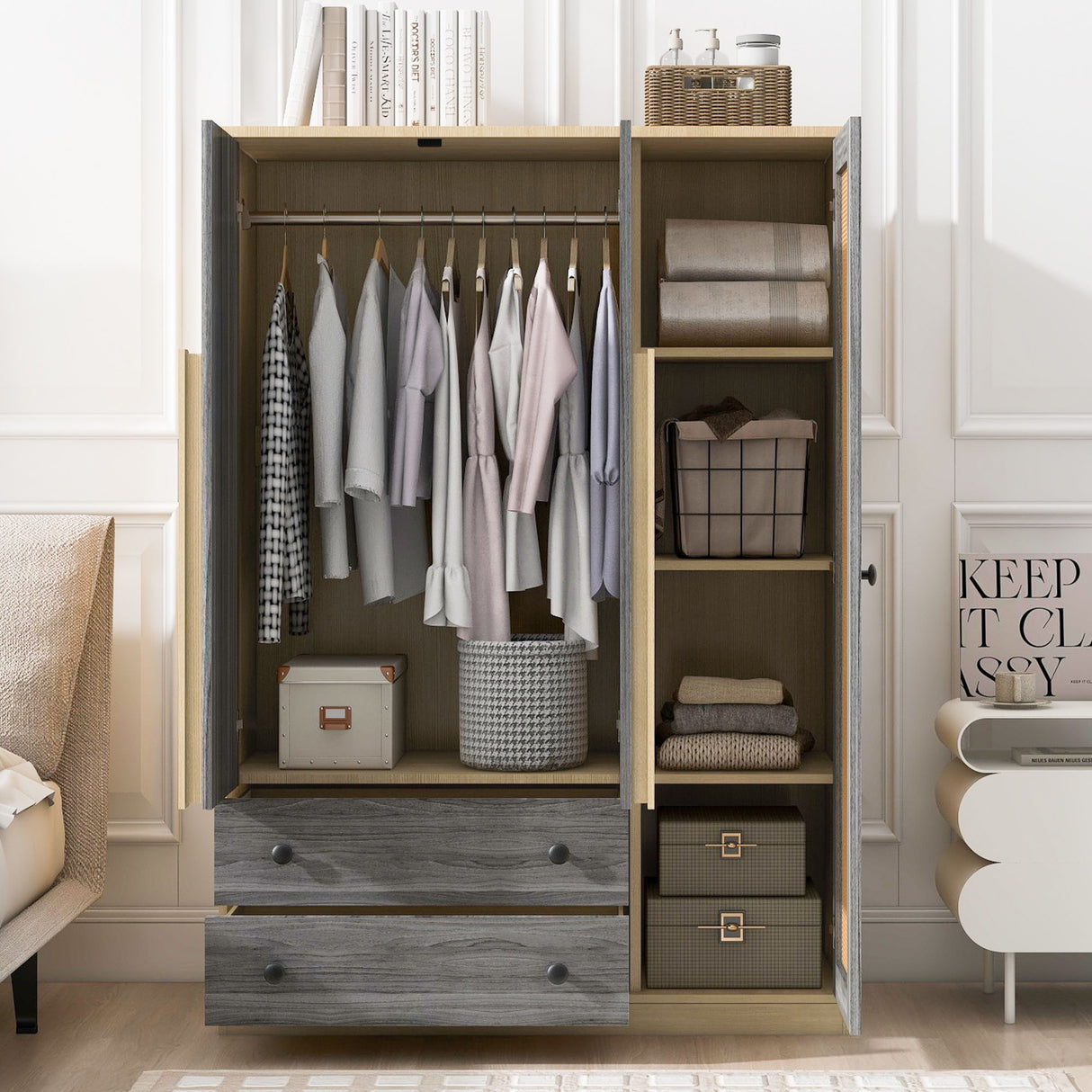 3 Doors Rattan Wardrobe Storage For Bedroom, With 2 Drawers