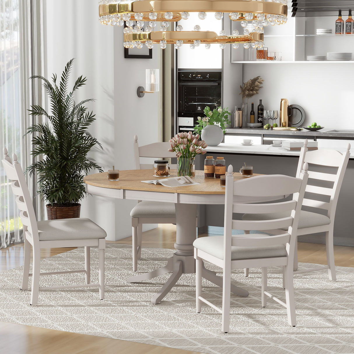 5 Piece Retro Functional Dining Table Set With Extendable Round Table And Upholstered Chairs