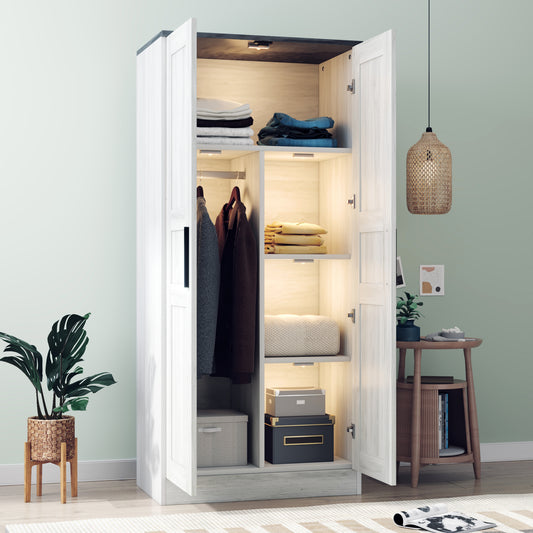 2-Door Wooden Wardrobe Armoire with LED and 4 Storage Shelves, Grey