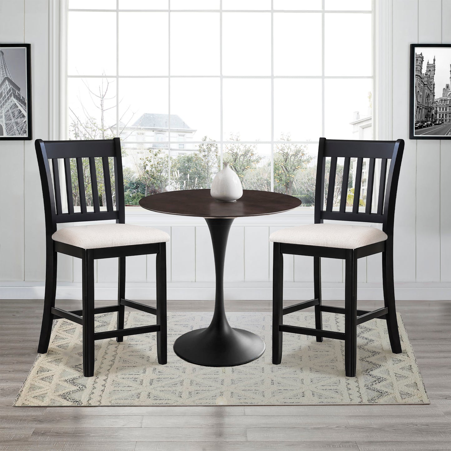 Casual Seating Black Finish Chairs Set of 2 Rubberwood Transitional Slatted Back Design Dining Room Furniture Counter Chairs