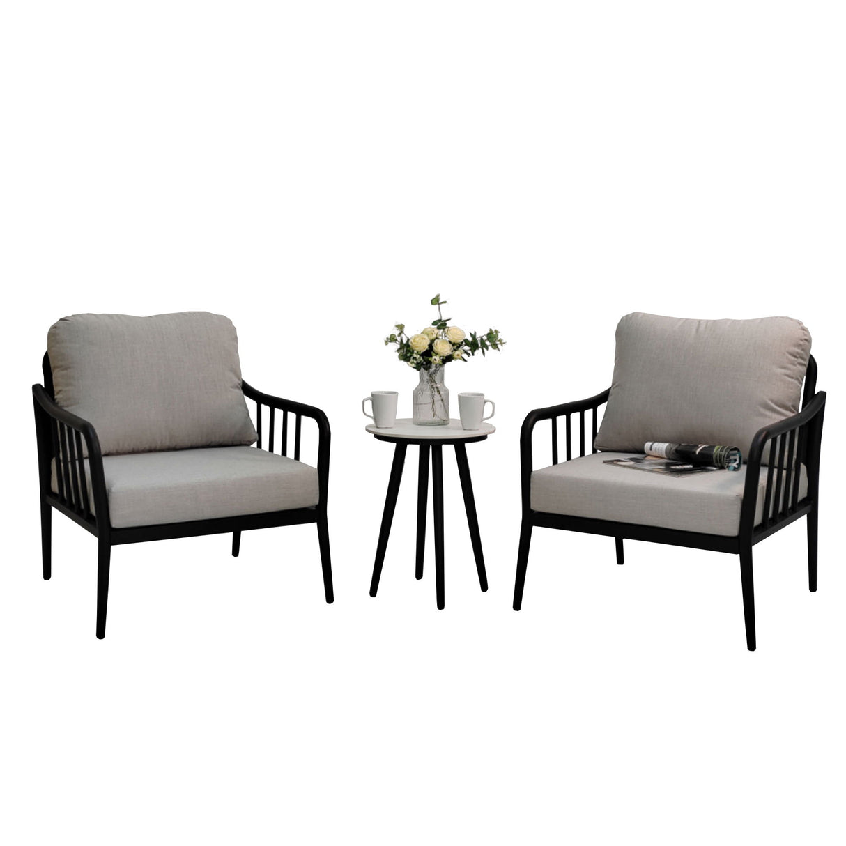3 Piece Outdoor Patio Chaise Lounge Set, 2 Chaise & 1 End Table With Modern Tapered Feet, Pneumatic Adjustable Backrest For Effortless Reclining, Wheels, Sunbrella Cushion - Ember Black