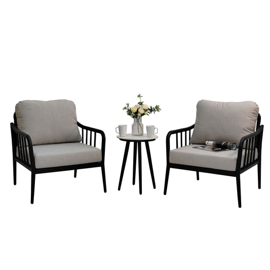 3 Piece Outdoor Patio Chaise Lounge Set, 2 Chaise & 1 End Table With Modern Tapered Feet, Pneumatic Adjustable Backrest For Effortless Reclining, Wheels, Sunbrella Cushion - Ember Black