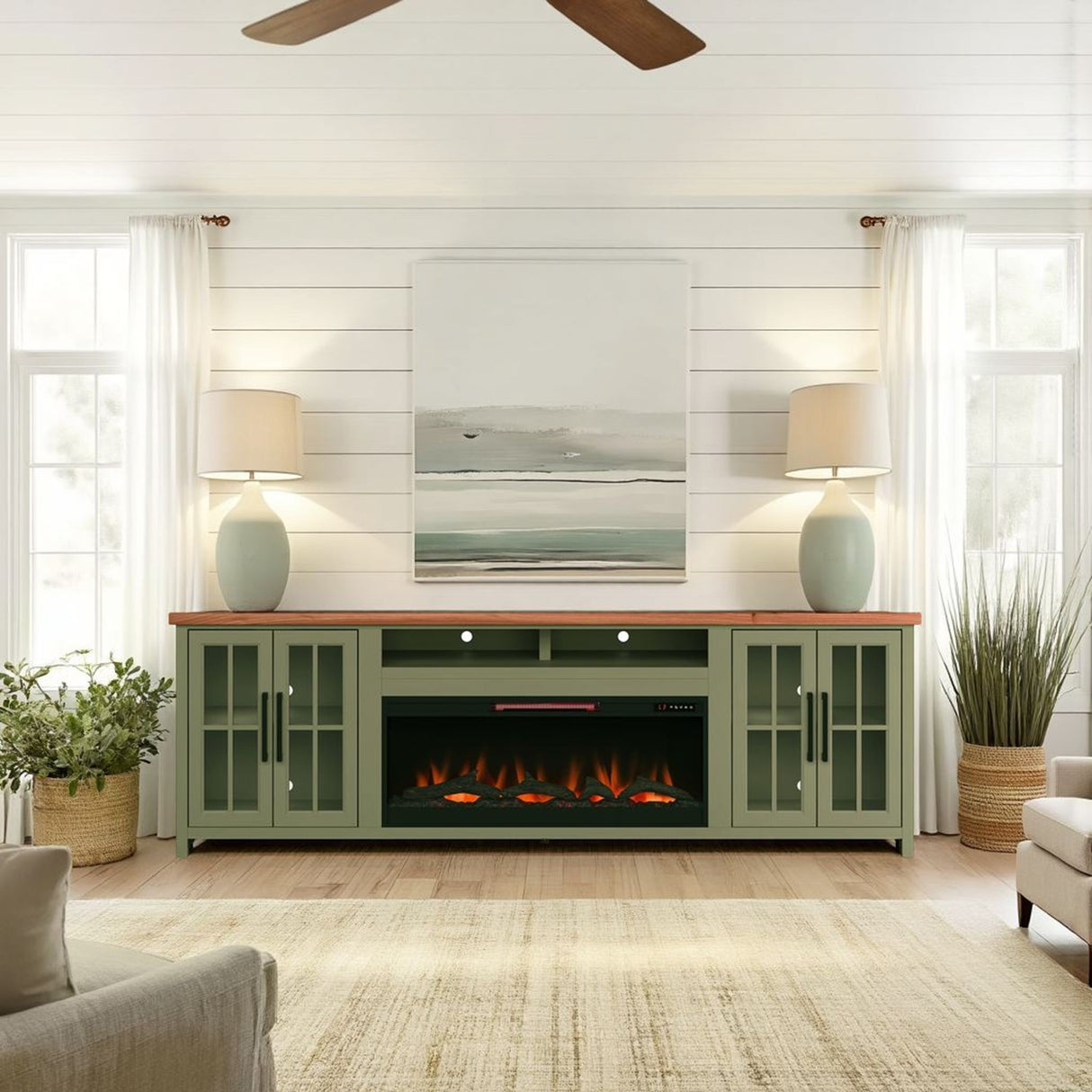 Vineyard - 97" Fireplace TV Stand Console For TVs Up To 100" - Sage Green And Fruitwood Finish