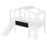Loft House Bed With Ladder And Slide, With Blackboard And Light Strip On The Roof