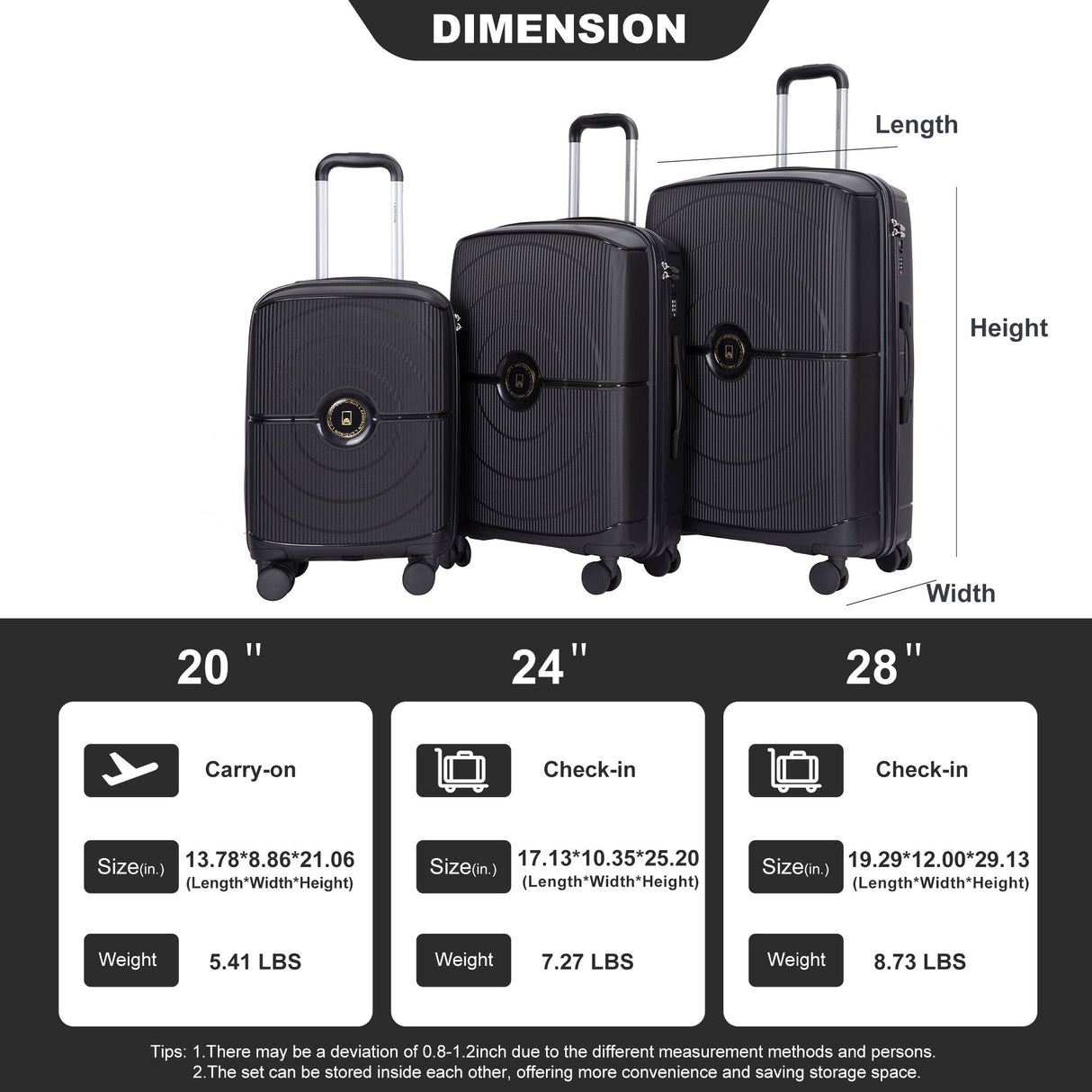 3 Piece Set Expandable Hardshell Suitcase Double Spinner Wheels