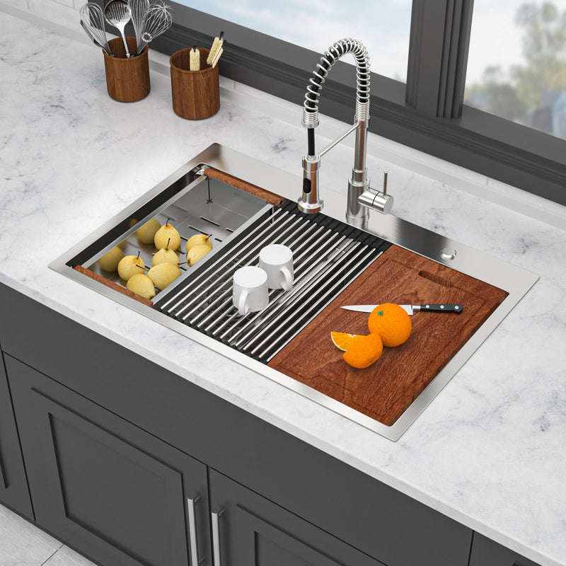 Topmount Drop In Kitchen Sink, Double Bowl Stainless Steel - Brushed Nickel