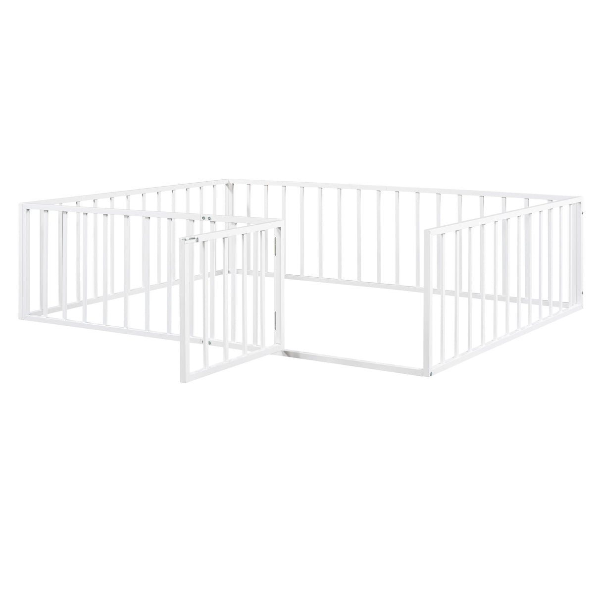 Queen Size Floor Bed Frame With Fence And Door - White