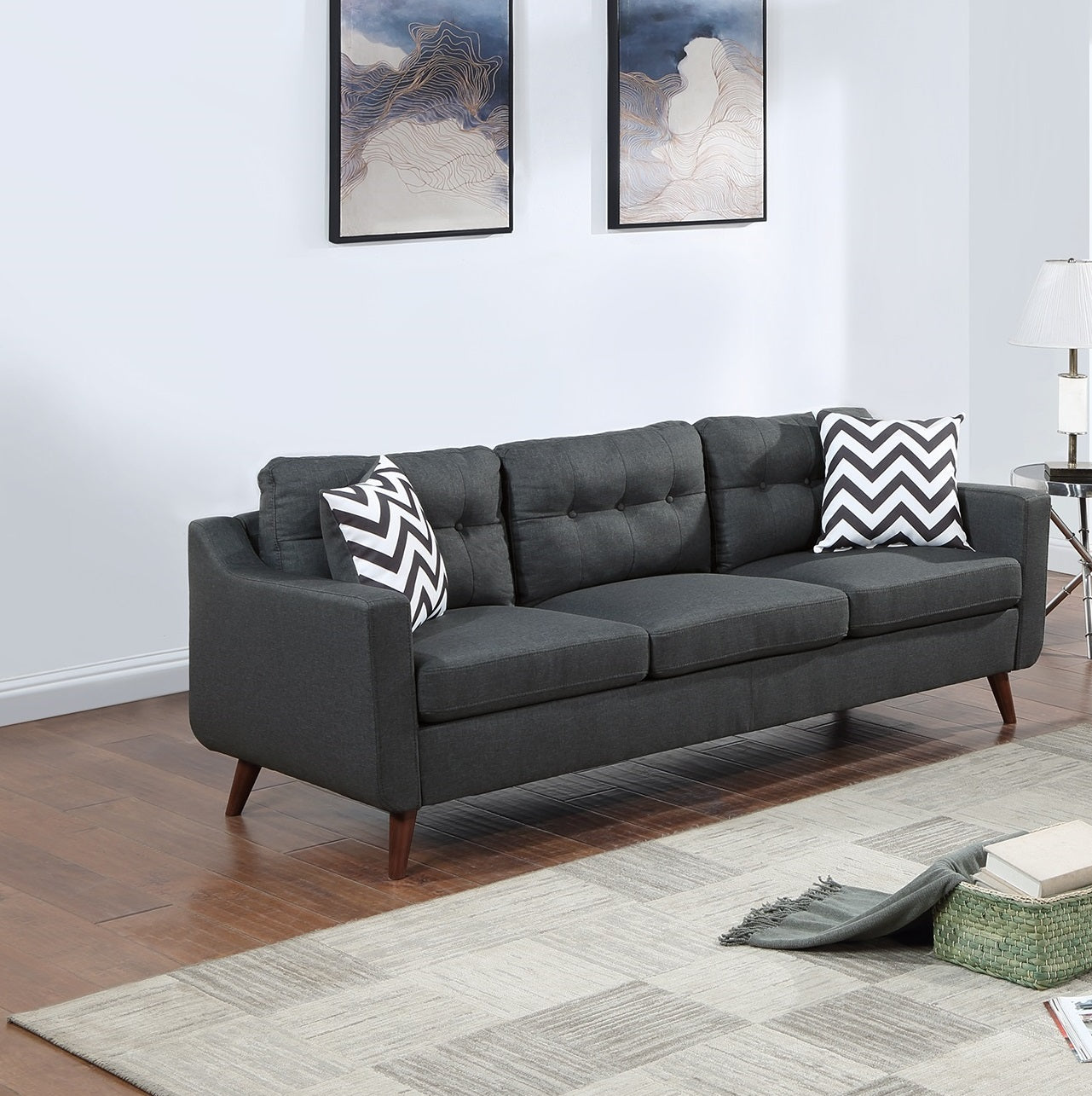 Modern Cozy Sofa Loveseat w Pillows 2pc Sofa Set Black Polyfiber Couch Tufted Cushions Living Room