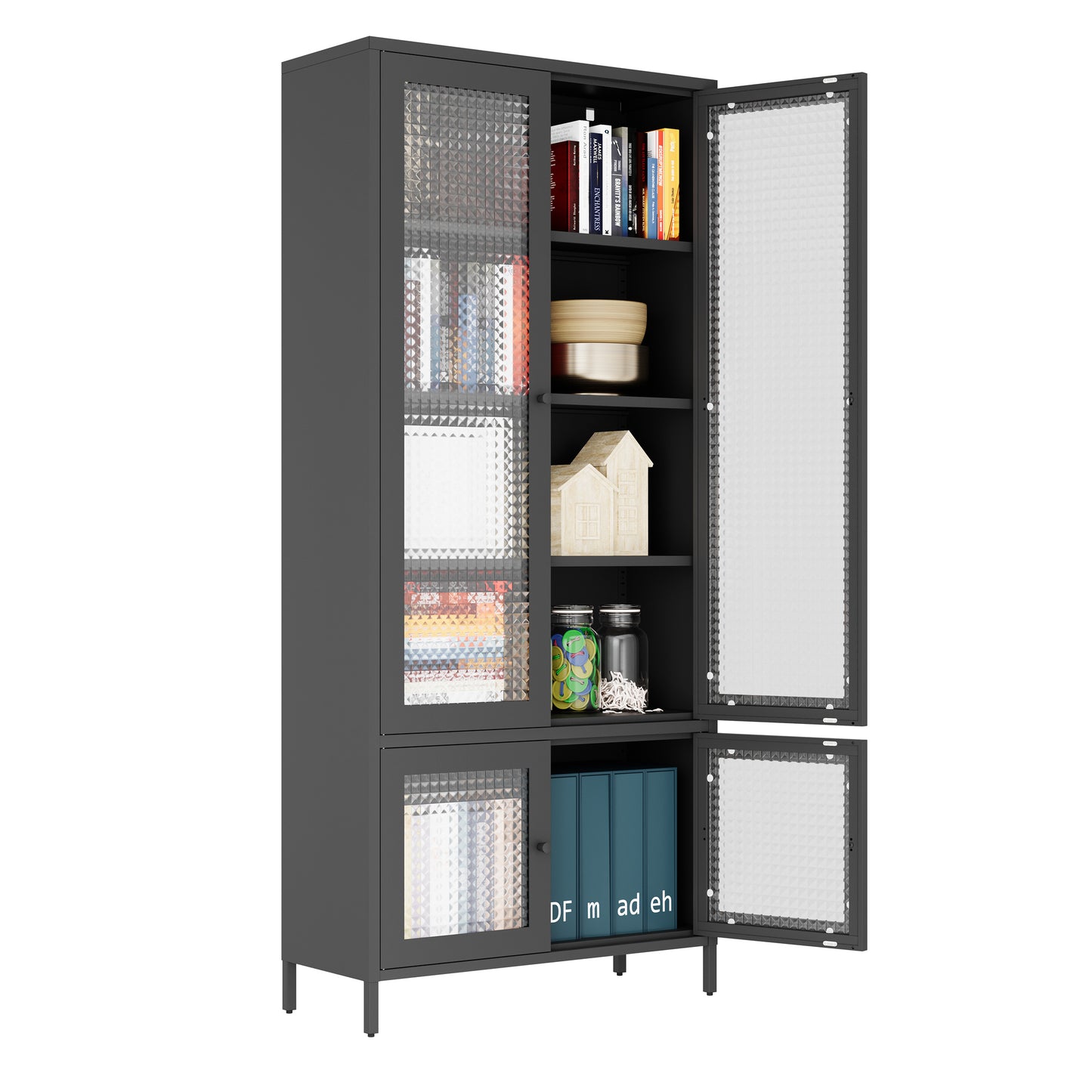 Large Metal Storage Cabinet Display Cabinet with 4 Glass Doors 5 Shelves Side Cabinet Bookcase Freestanding Cabinet for Bedroom Living Room Pantry Home Office - Black, Waffle-Grids  Tempered Glass