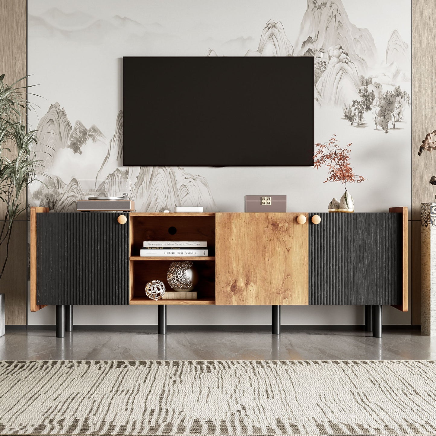 Mid Century TV Stand & 3 Cabinets, Media Console Table For Tvs Up To 70'', Entertainment Center With Storage For Living Room - Black / Brown