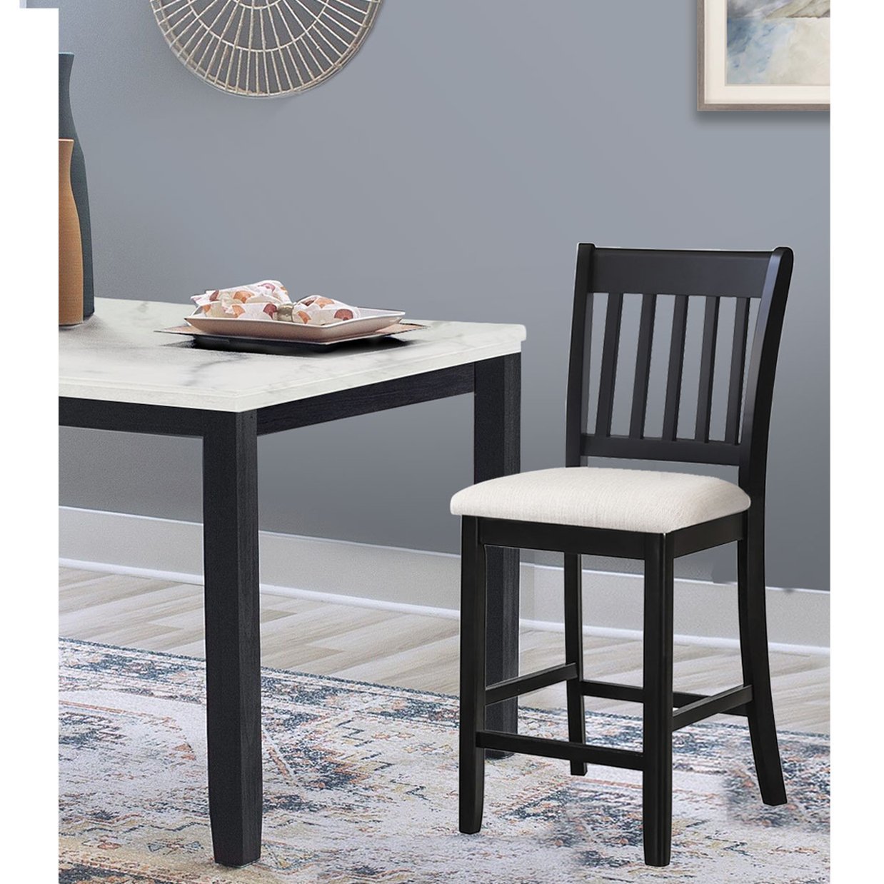 Casual Seating Black Finish Chairs Set of 2 Rubberwood Transitional Slatted Back Design Dining Room Furniture Counter Chairs