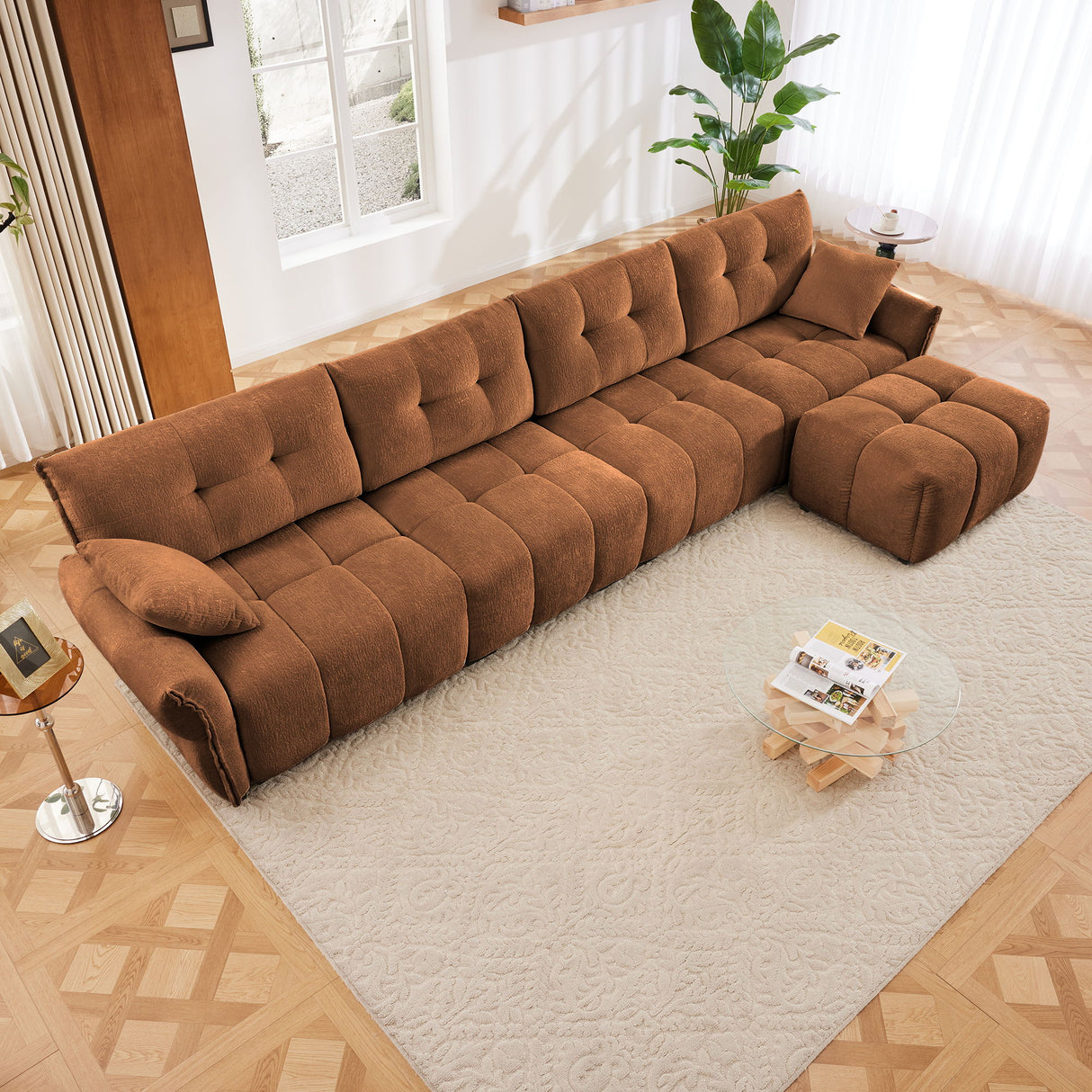 Elegant Sofa Set With Ottoman And Pillows, Textured Chenille, High Resilience Cushions