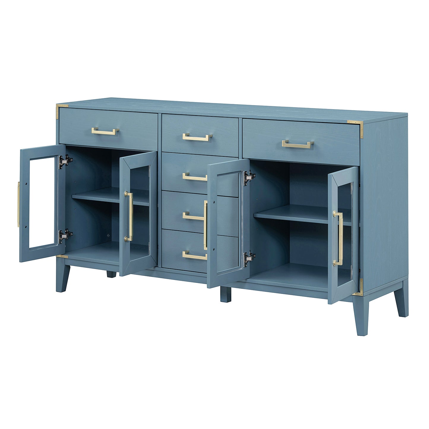 TREXM 6-drawer and 2-Cabinet Retro Sideboard with Extra Large Storage Space, with Gold Handles and Solid Wood Legs, for Kitchen and Living Room (Antique Blue)