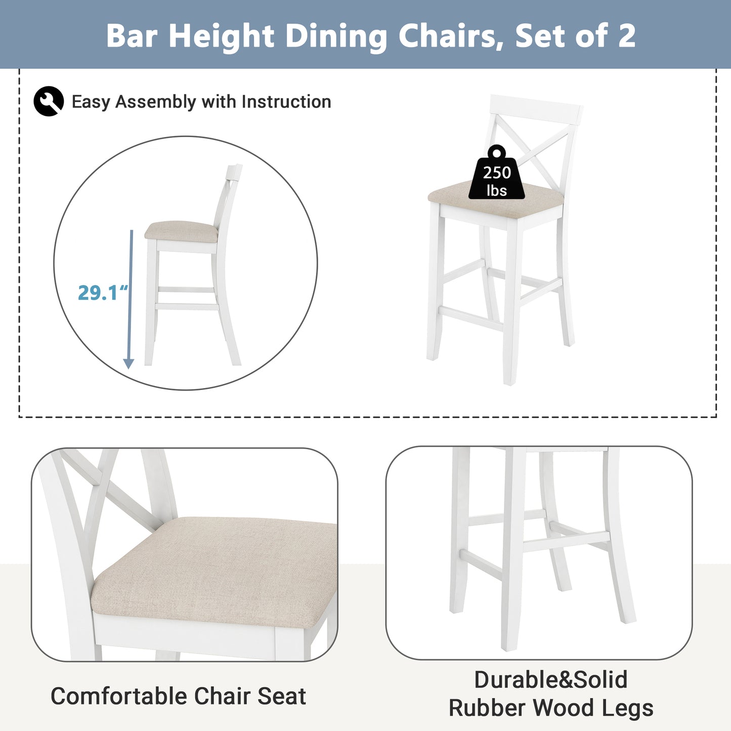 TOPMAX Farmhouse 48"Rectangular Wood Bar Height Dining Set Kitchen Breakfast Nook with 2 Chairs for Small Places,Cherry+White