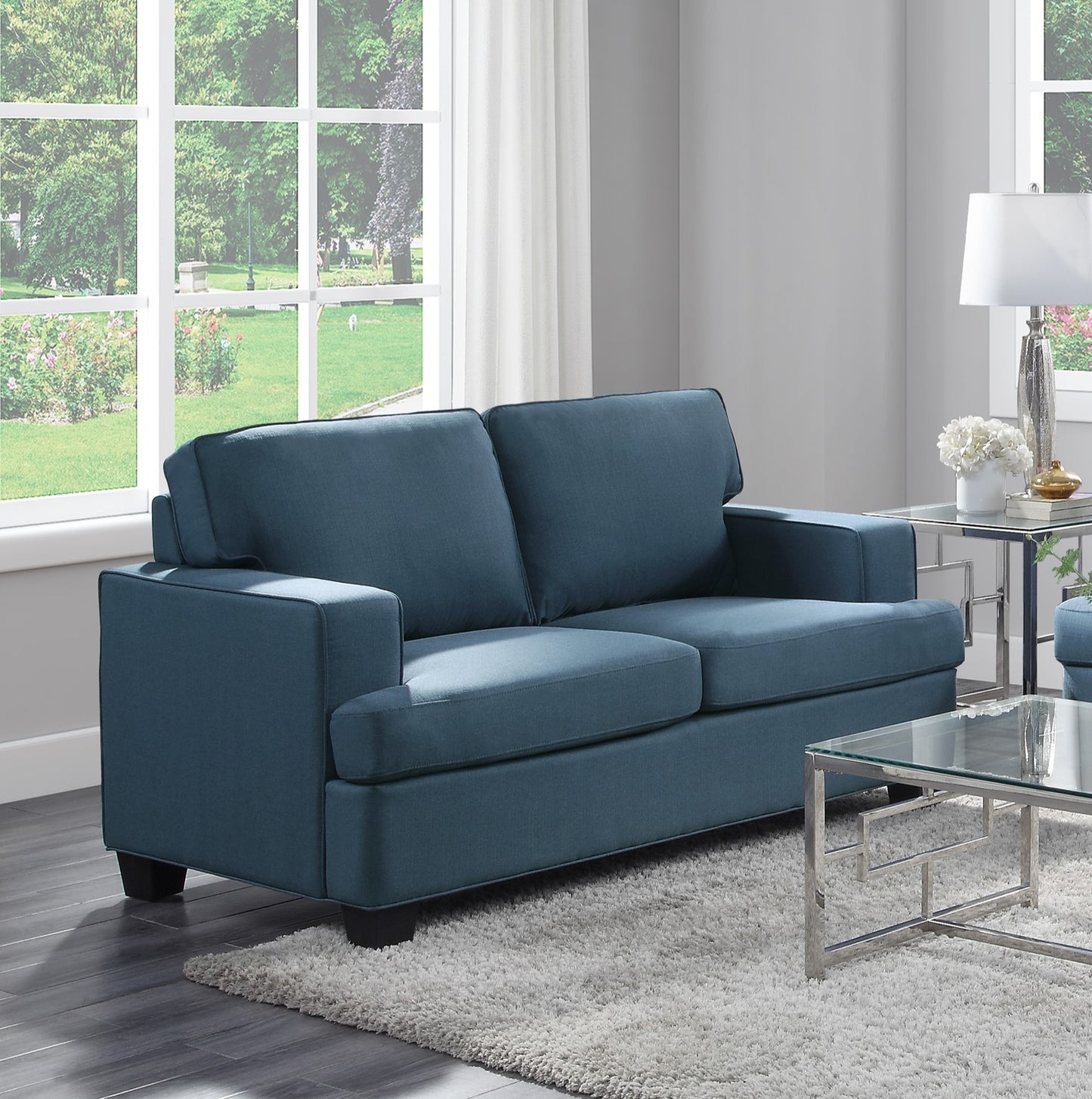 Transitional Style 2pc Sofa Set Blue Textured Fabric Upholstered Sofa and Loveseat Track Arms Solid Wood Frame Living Room Furniture 1pc