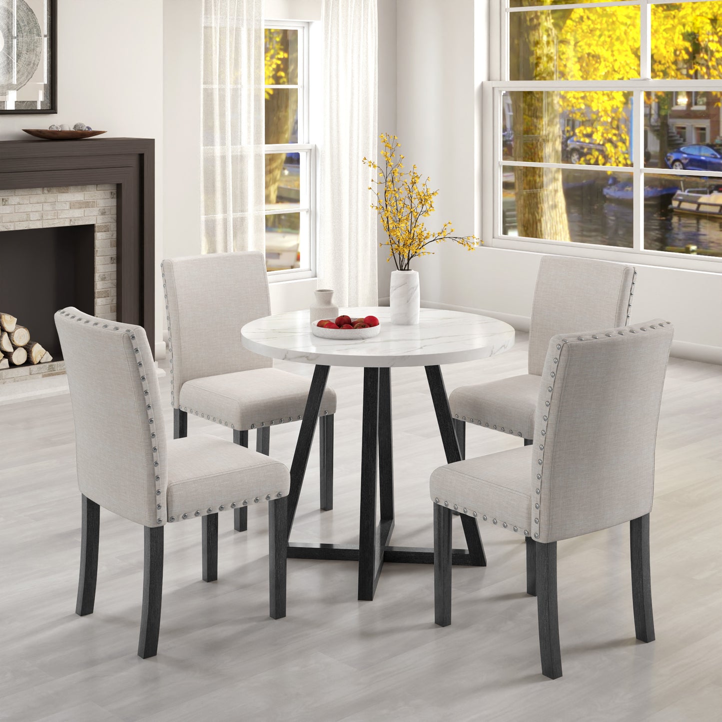 Five-piece dining room set with imitation marble table top, solid wood dining table and 4 chairs, space-saving kitchen and dining room combination furniture.