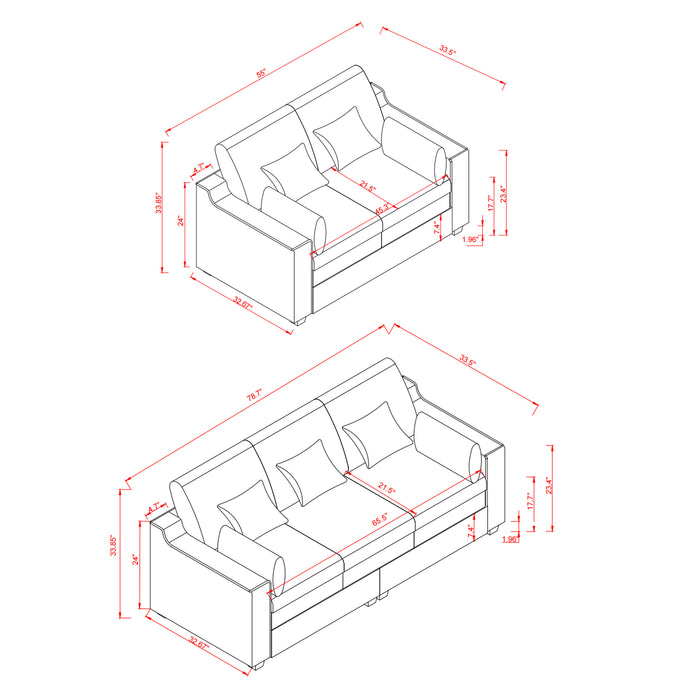 2 Pieces Sofa Couch 3-Seater and Loveseat with Pillows Polyester Upholstered Duck Down Filled Cushion Sofa Set for Living Room Apartment,Grey