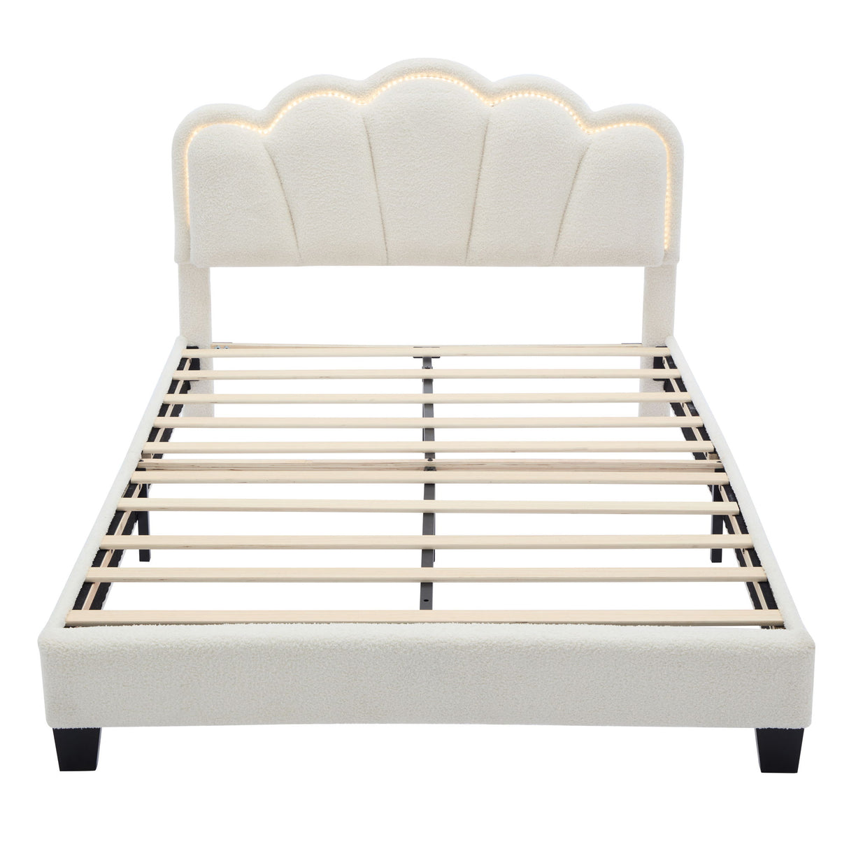 Upholstered Elegant Flowers Headboard With LED Light Strip, Platform Bed With Slats Support