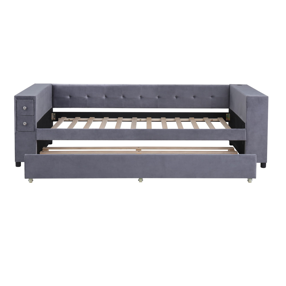 Upholstered Bed With Storage And Twin Trundle, USB Charging Ports