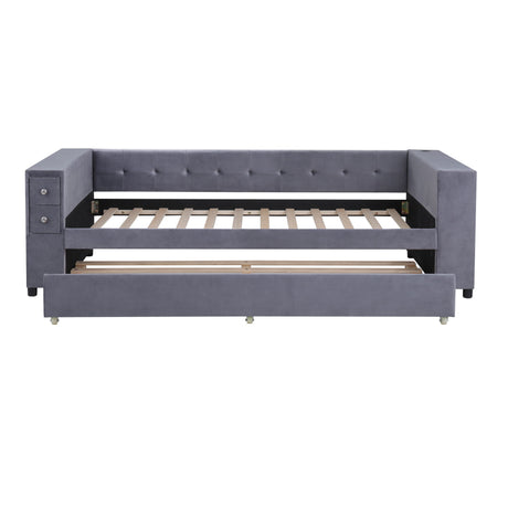Upholstered Bed With Storage And Twin Trundle, USB Charging Ports