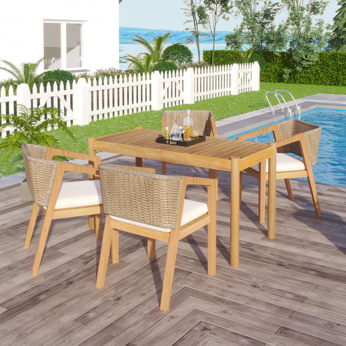 Outdoor Dining Set 1 Table 4 Chairs (Set of 5) - Teak / Beige