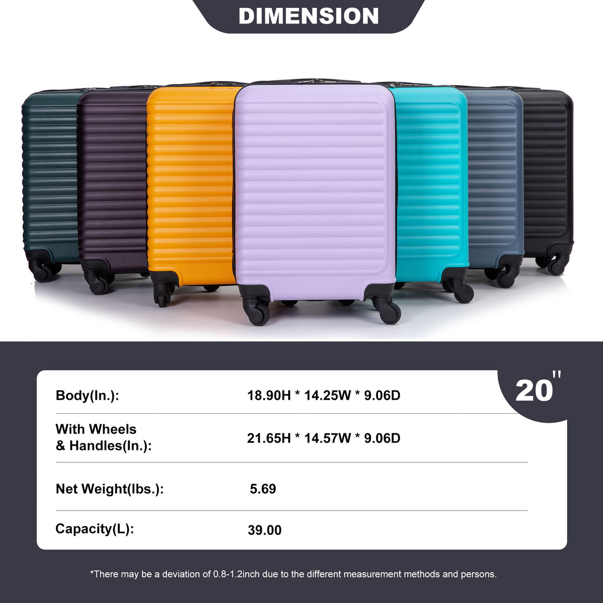 20" Carry On Luggage Lightweight Suitcase, Spinner Wheels