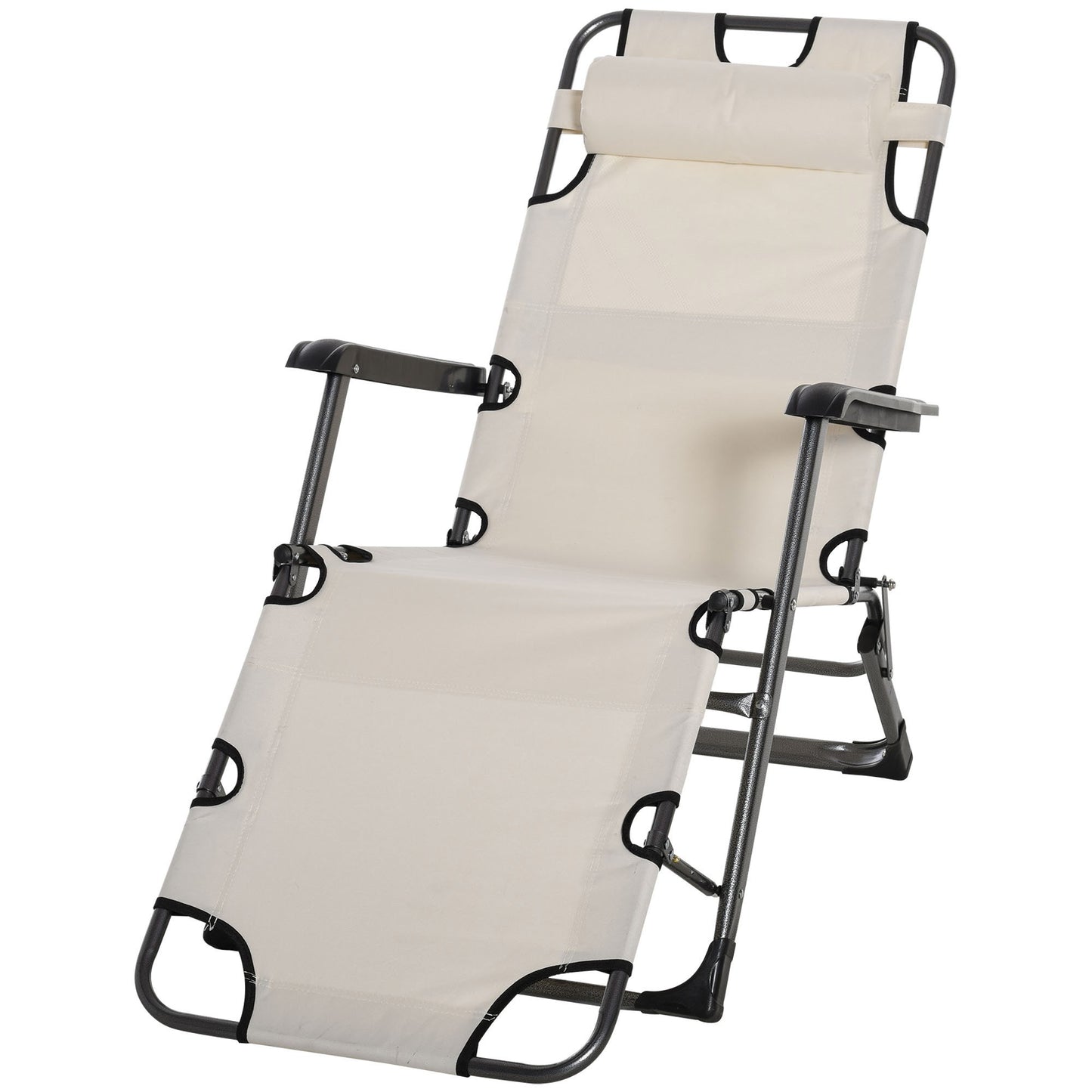 Outsunny Folding Chaise Lounge Chair for Outside, 2-in-1 Tanning Chair with Pillow & Pocket, Adjustable Pool Chair for Beach, Patio, Lawn, Deck, Cream White