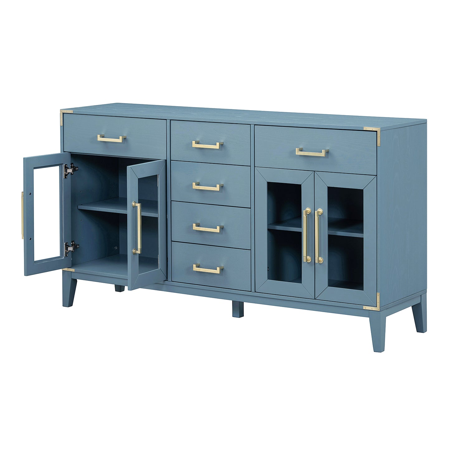 TREXM 6-drawer and 2-Cabinet Retro Sideboard with Extra Large Storage Space, with Gold Handles and Solid Wood Legs, for Kitchen and Living Room (Antique Blue)