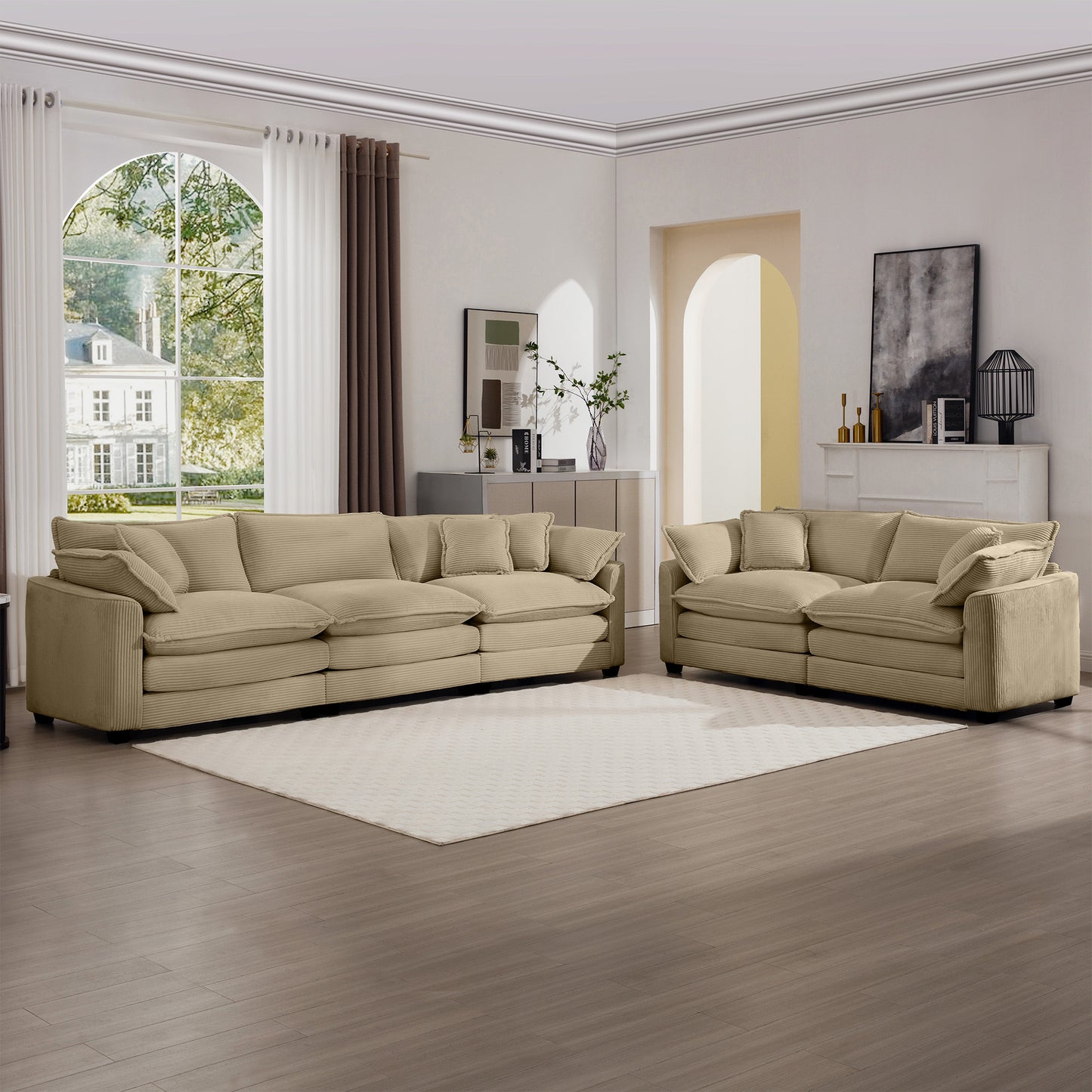 Modern Fabric Living Room Sofa Two Piece Set, Two 2-Seater Sofas with 8 Cushion Upholstery Large Deep Seat Recliner, Tan Corduroy Fabric