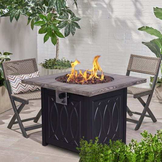 Faux Woodgrain Table top And Steel Base Propane Outdoor Fire Pit Table With Lid