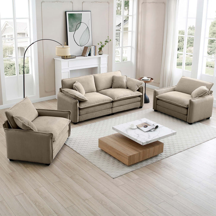 Luxurious and Sophisticated Sofa Set with Soft Cushions and Pillows, Sofa Set for Living Rooms and Clubs as well as Home Theaters, Consisting of Two Single Sofas and a 2-Seaters  Sofas in Tan Corduroy