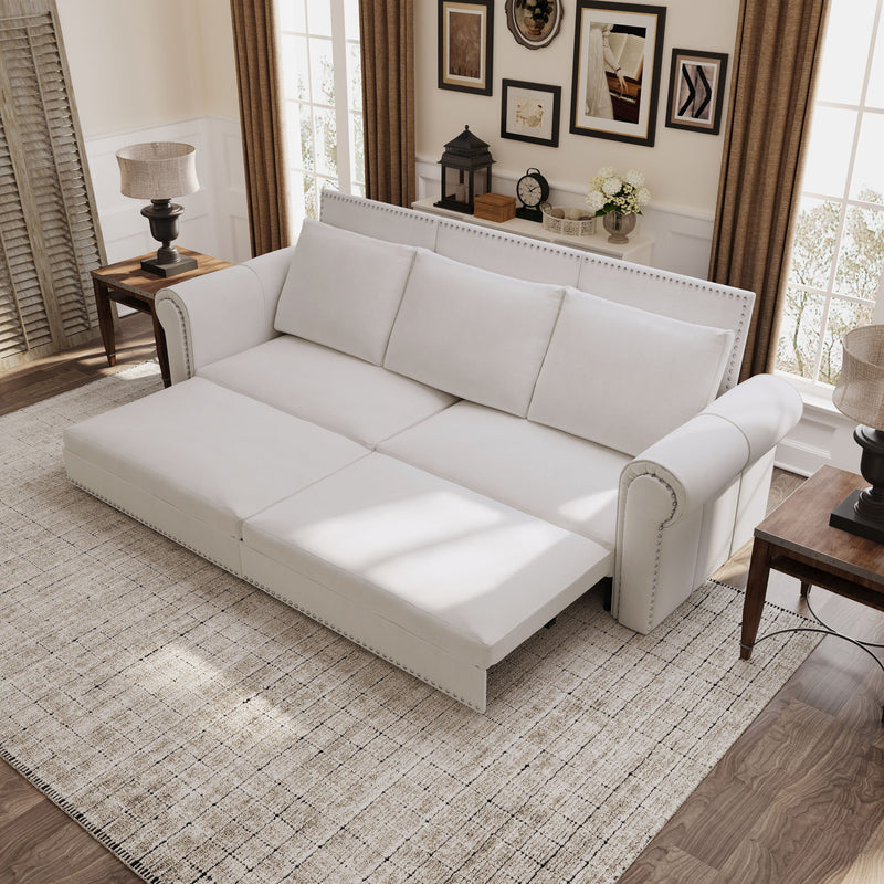 3 In 1 Convertible Sleeper Sofa With Nailhead Trim & Rolled Arm