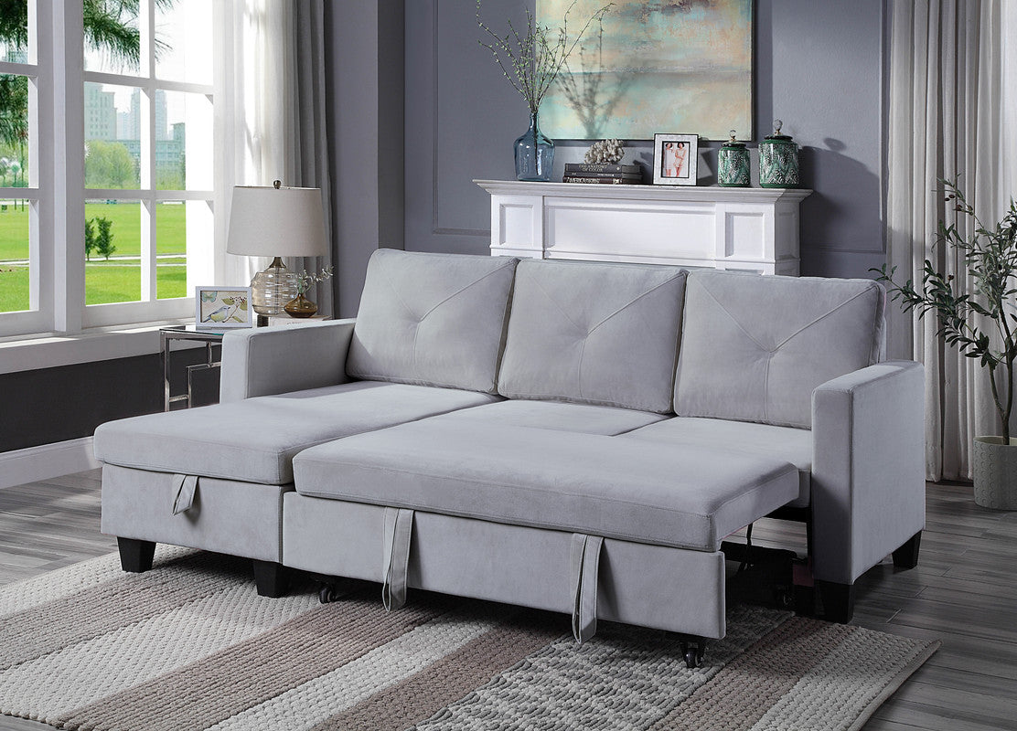 Nova 82.5" Light Gray Velvet Reversible Sleeper Sectional Sofa with Storage Chaise