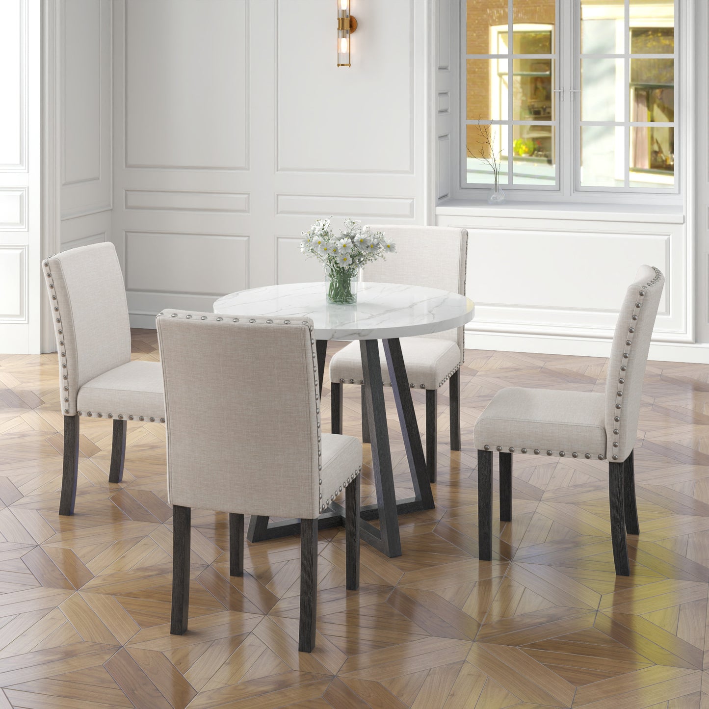 Five-piece dining room set with imitation marble table top, solid wood dining table and 4 chairs, space-saving kitchen and dining room combination furniture.