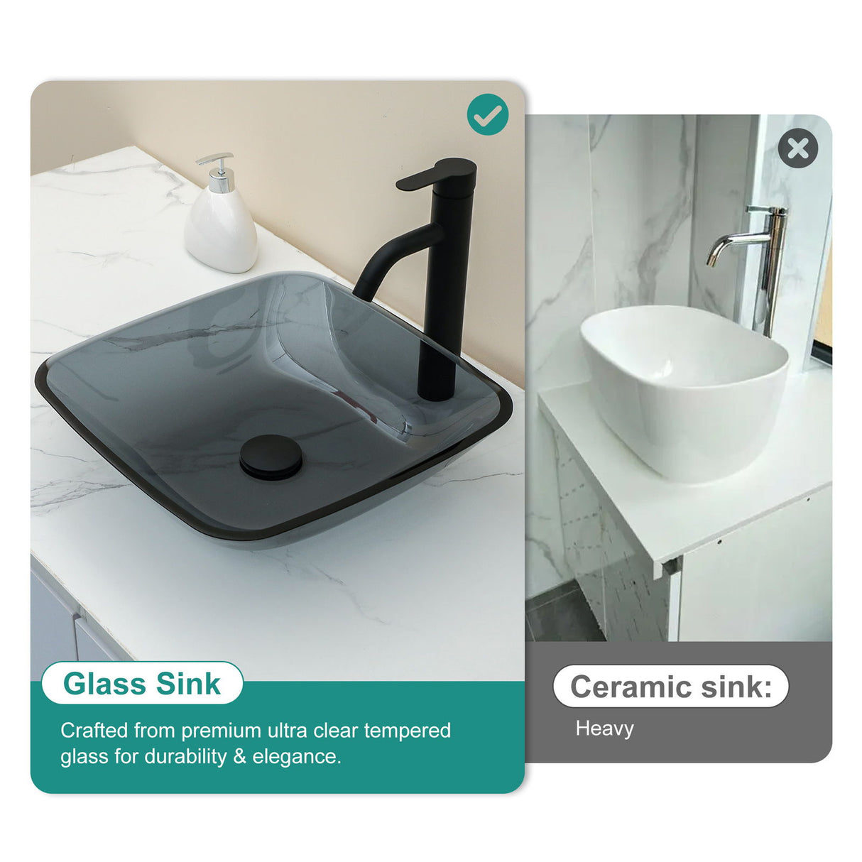 Square Vessel Sink For Bathroom, Above Counter Design With Pop Up Drain, Smooth Rounded Edges - Grey