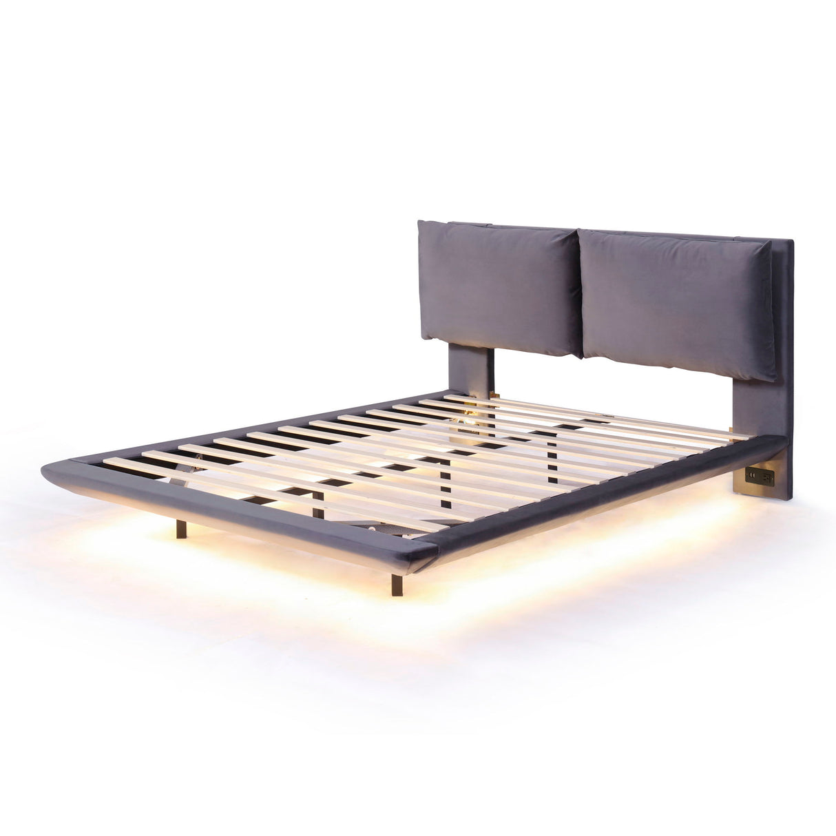 Upholstered Platform Bed With Sensor Light And 2 Large Backrests, With 2 Sets Of USB Port And Socket On Each Rear Bed Leg