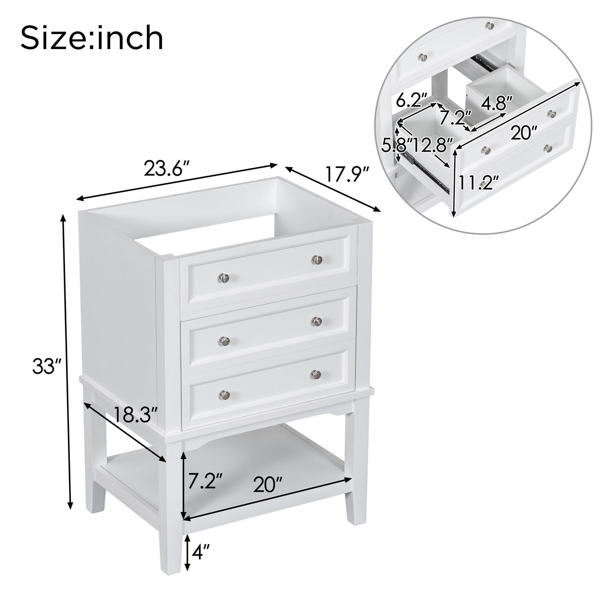 24" Bathroom Vanity Without Sink, Base Only, Storage Cabinet With Drawer And Open Shelf - White