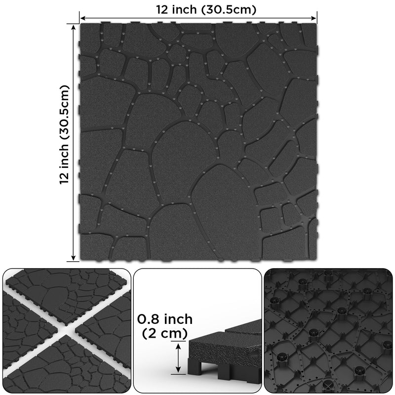 Stone Texture Patio Deck Tiles, Diy Interlocking Floor Tiles (Set of 44) - Dark Gray