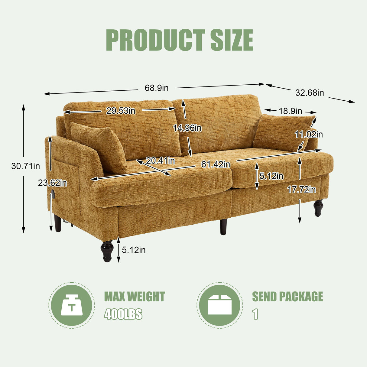 Chenille 2 Seater Sofa With LED Light, USB Charging Port, And Storage Bag