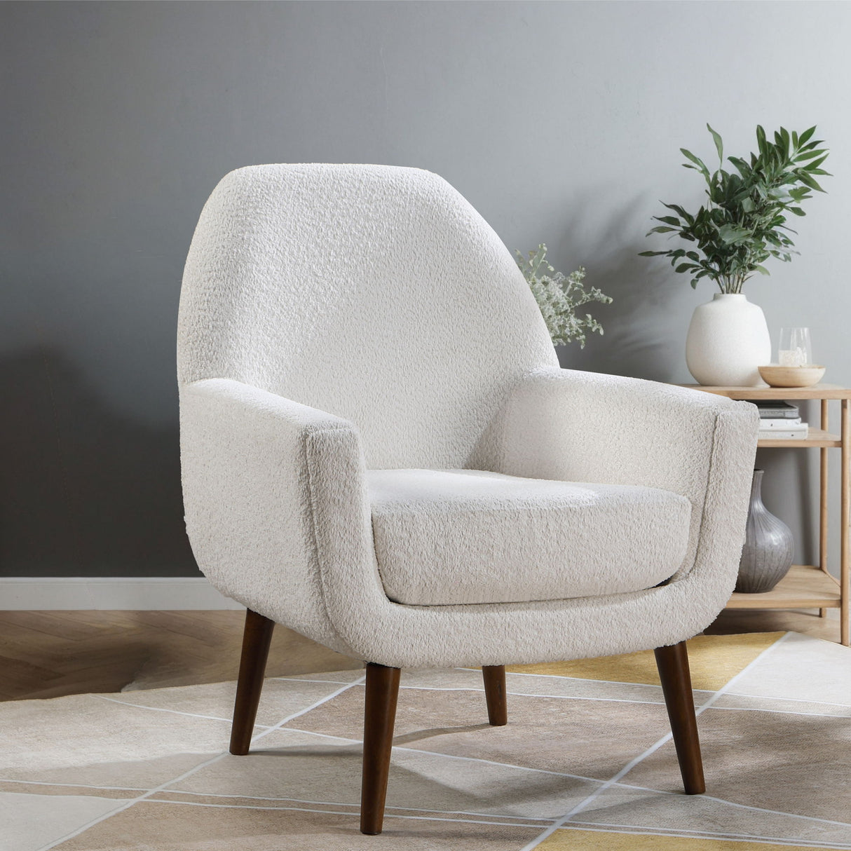 Prince - Mid Century Boucle Arm Chair With Solid Wood Legs - White