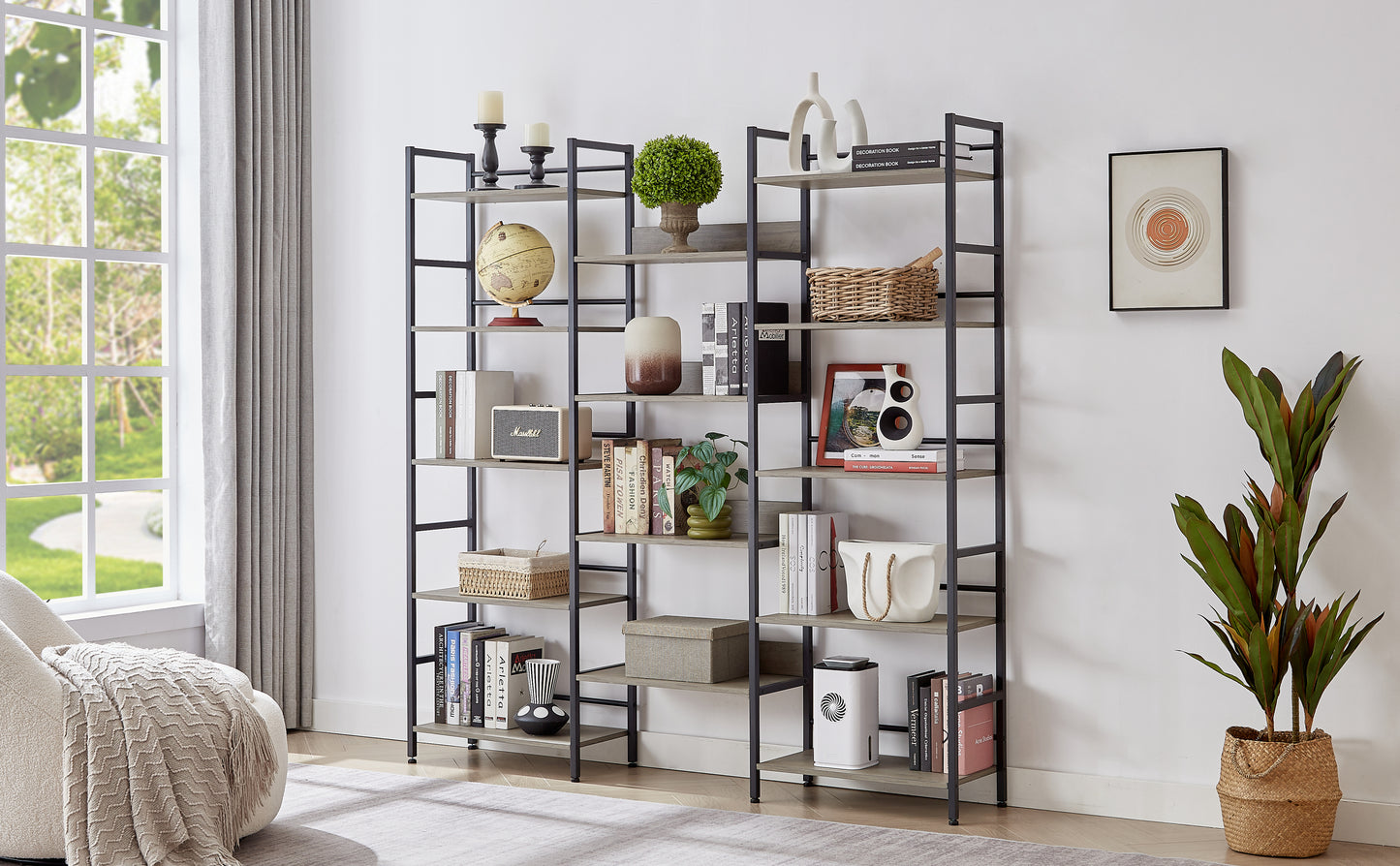 Triple Wide 5-shelf Bookshelves Industrial Retro Wooden Style Home and Office Large Open Bookshelves, Grey, 69.3"W x 11.8"D x 70.1"H