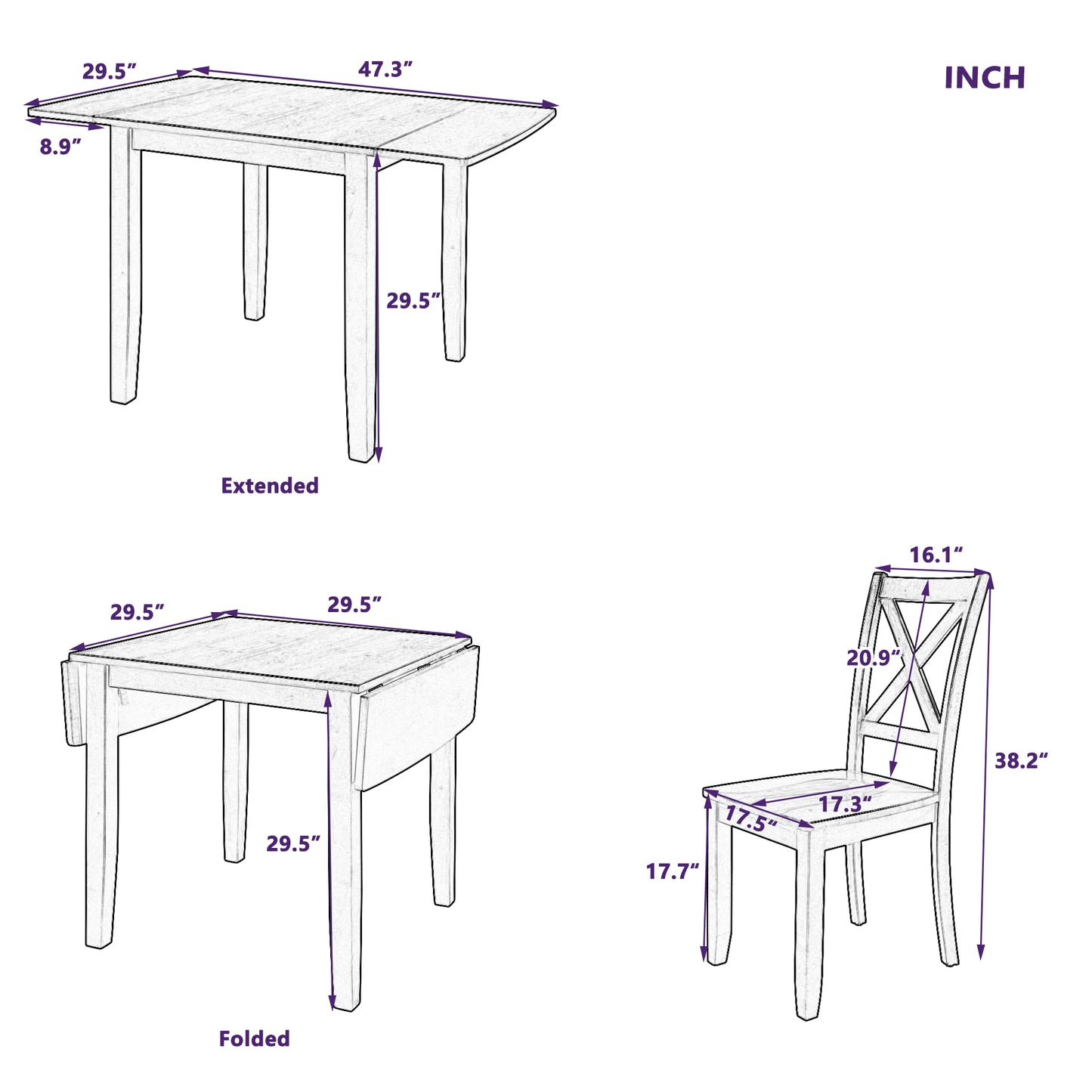 TOPMAX 3-Piece Wood Drop Leaf Breakfast Nook Dining Table Set with 2 X-back Chairs for Small Places, Espresso