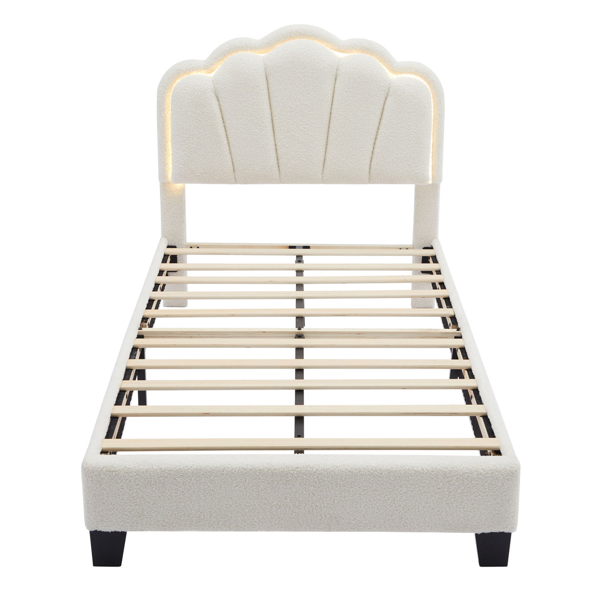 Upholstered Elegant Flowers Headboard With LED Light Strip, Platform Bed With Slats Support