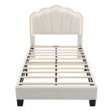 Upholstered Elegant Flowers Headboard With LED Light Strip, Platform Bed With Slats Support