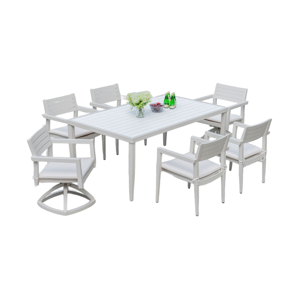 7 Piece Dining Set Modern Outdoor Patio Furniture, Including 4 Dining Chairs & 2 Swivel Rockers Sunbrella Fabric Cushioned And Rectangle Dining Table With Umbrella Hole