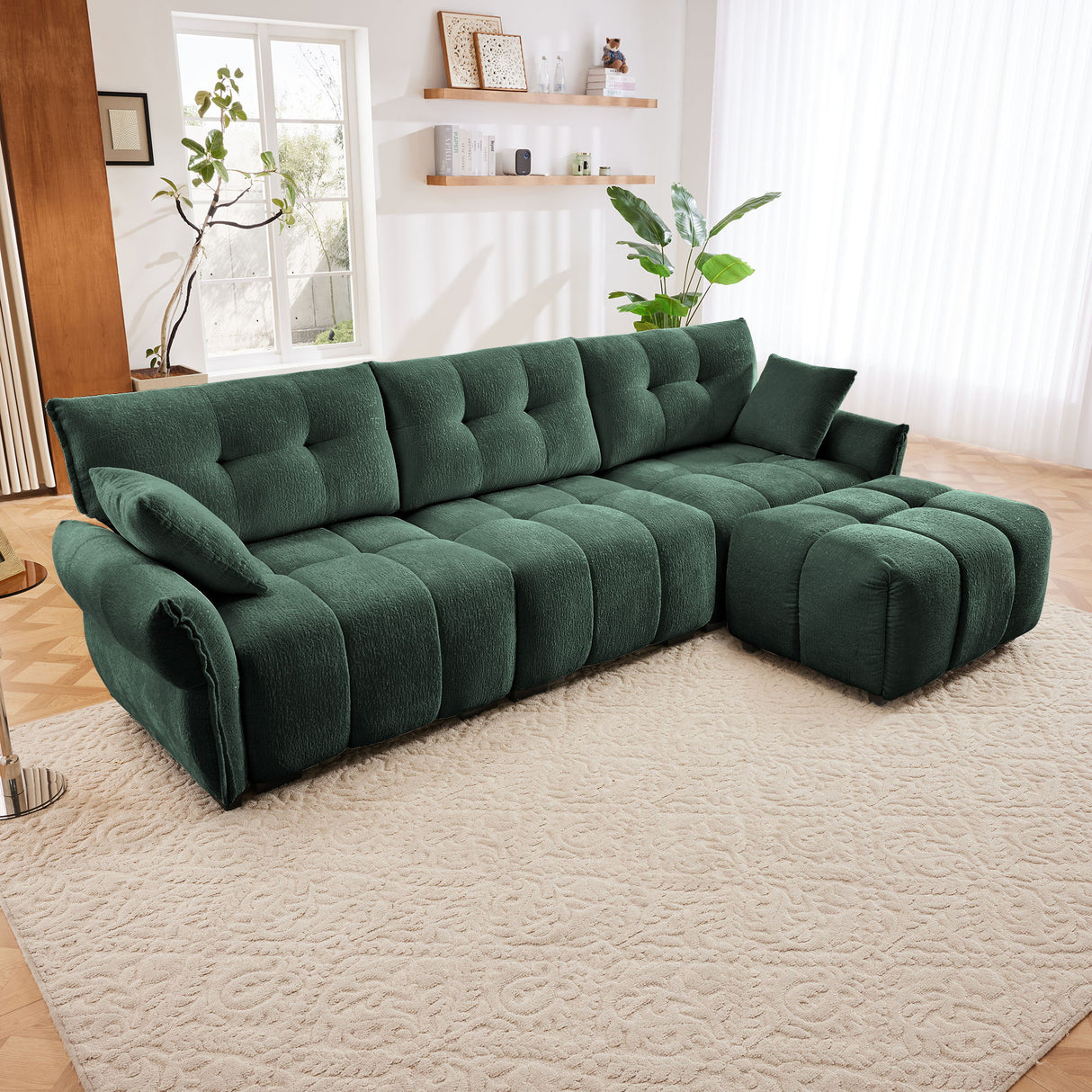 Elegant Sofa Set With Ottoman And Pillows, Textured Chenille, High Resilience Cushions