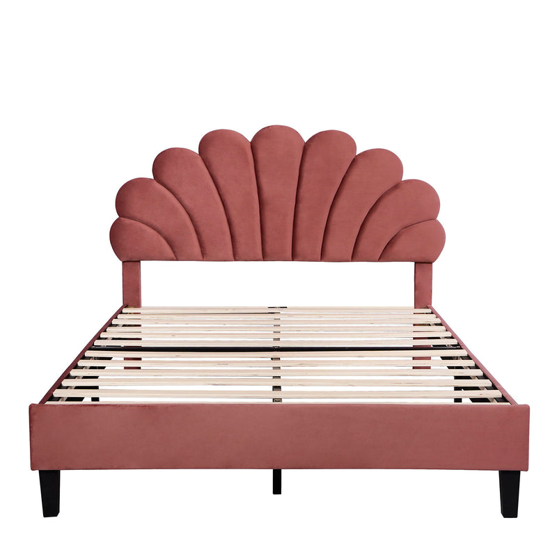 Upholstered Platform Bed With Flower Pattern Headboard