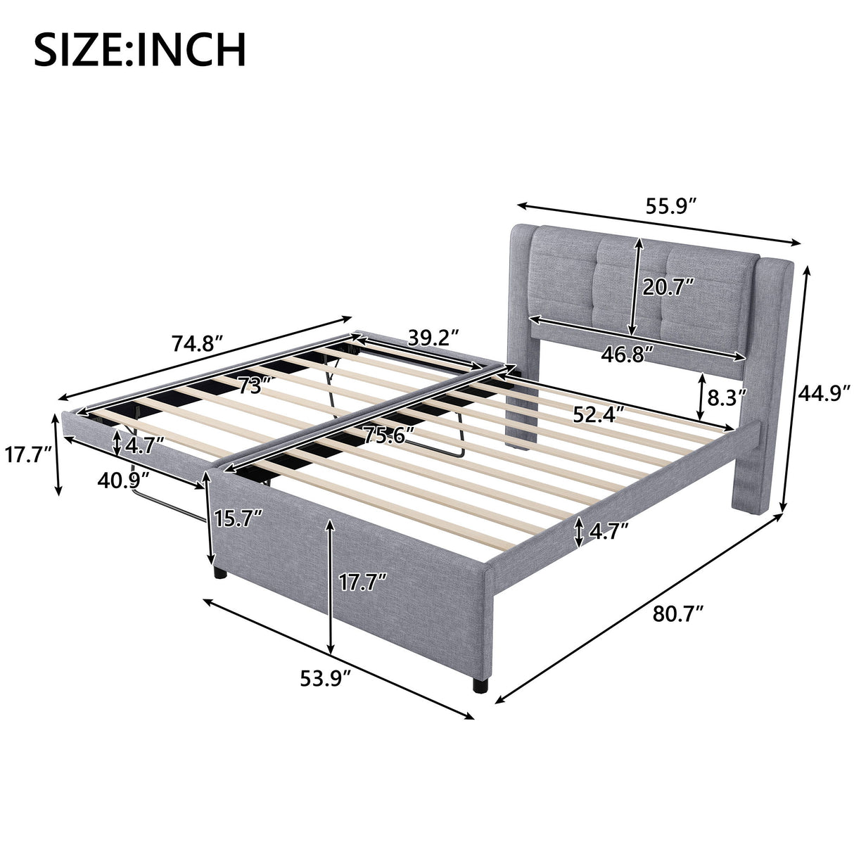Upholstery Platform Bed With Trundle,Trundle Can Be Flat Or Erected