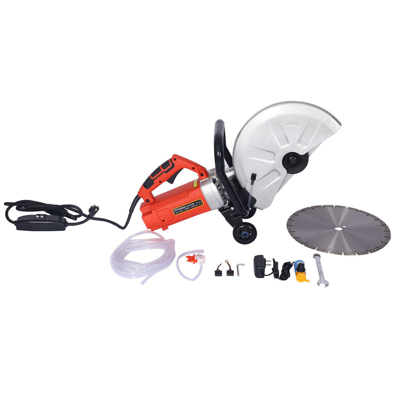 14" Electric Cut Off Saw Wet / Dry Concrete Saw Cutter With Guide Roller And Water Line Attachment, 3000W - Black / Silver