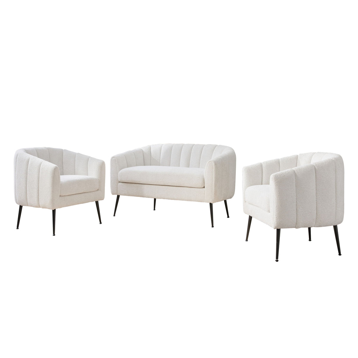 3 Piece Small Living Room Furniture Set, Sofa Loveseat & 2 Armchairs - Ivory